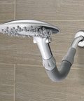 Flexible Arm Rainfall Shower Head With 12 Inch Flex Neck And 7.5 Inch Large Face, No-Fuss Adjustable Height For Tall And Short, Easy DIY Install, 1.8 GPM White installed on beige tile wall