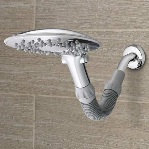 Flexible Arm Rainfall Shower Head With 12 Inch Flex Neck And 7.5 Inch Large Face, No-Fuss Adjustable Height For Tall And Short, Easy DIY Install, 1.8 GPM White installed on beige tile wall