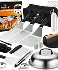 Camping Ready 27 Piece Griddle Accessories Kit For Flat Top Grills with spatulas, melting dome, squeeze bottles, and tongs.