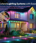 House with colorful outdoor lights using Y Splitter Outdoor Lights Extension Cable 1 Male To 2 Female 3 Pin Splice Kit, night view.