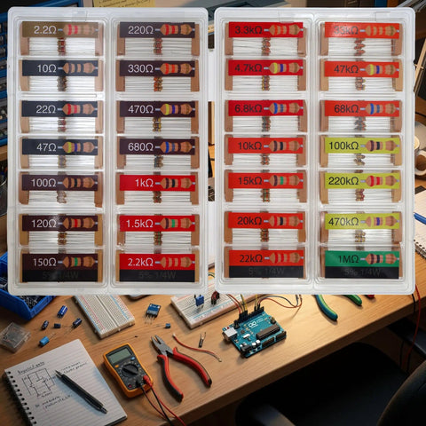 One Quarter Watt Carbon Resistor Assortment Kit, 560 Pieces, 28 Values, Five Percent Tolerance, From 2.2 Ohm To 1M Ohm in open case