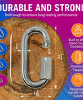 Heavy Duty 316 Grade Stainless Steel Locking Chain Link Quick Links Set on wood with measurements and features.