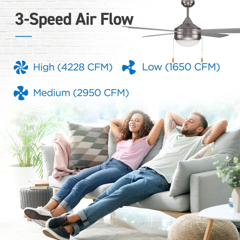 Couple relaxing under 52 Inch Ceiling Fan With Lights For Big Rooms, Modern Silver 4 Plywood Blade, 3 Speeds, Dual Chain