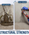 DIY Basement Crack Injection Kit For Fast Foundation Repair, Polyurethane Leak Seal System Stops Active Water Leaks In Foundation Walls, Easy No Dig Injection Repair For Home Projects shown sealing a basement wall crack.
