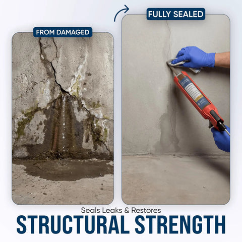 DIY Basement Crack Injection Kit For Fast Foundation Repair, Polyurethane Leak Seal System Stops Active Water Leaks In Foundation Walls, Easy No Dig Injection Repair For Home Projects shown sealing a basement wall crack.