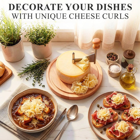 Rose Shaped Cheese Cutter Shaver For Semi Hard Cheeses, Manual Rotating Wheel Tool With Stainless Steel Blade And Non Slip Wood Base displayed on charcuterie board.