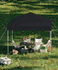 Black 10x10 Pop Up Canopy Tent With One Button Push Setup Heavy Duty Outdoor Shelter over picnic setup on grass