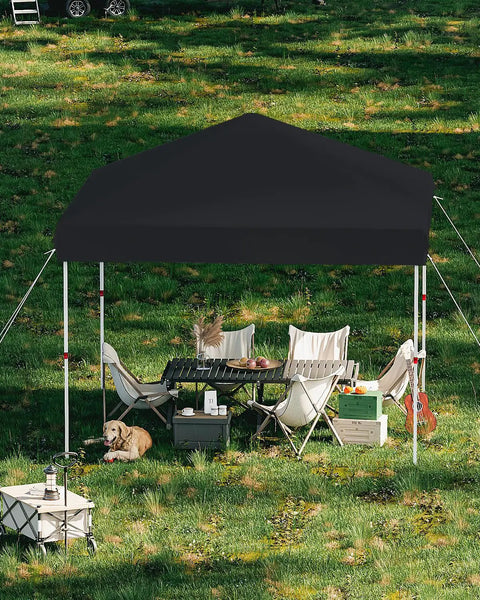Black 10x10 Pop Up Canopy Tent With One Button Push Setup Heavy Duty Outdoor Shelter over picnic setup on grass