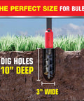 Electric 22 Inch Auto Shutoff Shovel Handheld 12V Li Ion Battery Powered Digging Tool measuring hole depth and width in grass.