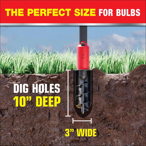 Electric 22 Inch Auto Shutoff Shovel Handheld 12V Li Ion Battery Powered Digging Tool measuring hole depth and width in grass.
