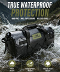 Waterproof Motorcycle Dry Bag 60L With Roll Top Closure Tail Saddle Luggage in stream, black, showing rugged waterproof design.