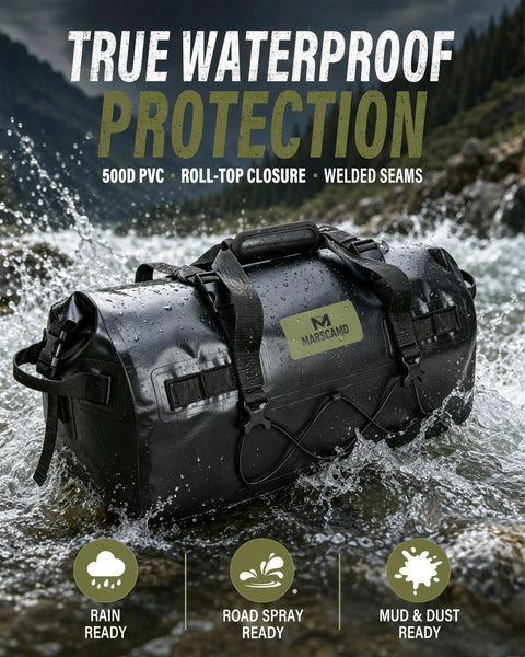 Waterproof Motorcycle Dry Bag 60L With Roll Top Closure Tail Saddle Luggage in stream, black, showing rugged waterproof design.