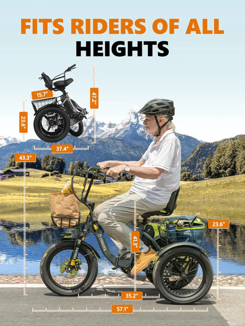 Powerful Three Wheel Electric Trike With 1200W Motor And 624Wh Removable Battery 18x3.0 Fat Tires Foldable Step Through Frame Up To 65 Miles Range 18 MPH Pedal Assist Black For Daily Commutes And Light Hauling, side view with rider
