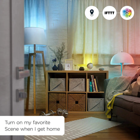 Living room with 60W Equivalent A19 Smart LED Bulbs With RGB Color Changing, Tunable White, mood lighting, controlled by voice or app