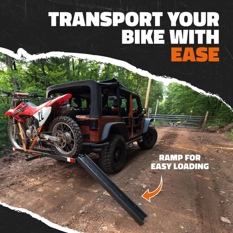 Anti-Tilt Motorcycle Hitch Carrier With 73 Inch Ramp And 47 Inch Dirt Bike Loading Ramp For Fat Tire E-Bikes Fits 2 Inch Receivers Weatherproof Heavy Duty Steel installed on SUV with dirt bike