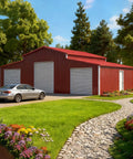 Heavy Duty Metal Garage Crafted From 14 Gauge Galvanized Steel And Three Rolling Barn Doors To Stack Your Wheels And Farm Gear While Crushing Rain Featuring Reinforced Frame Side Entrance And Rock Solid 13 Foot Outdoor Shelter Cover with silver car and landscaped path.