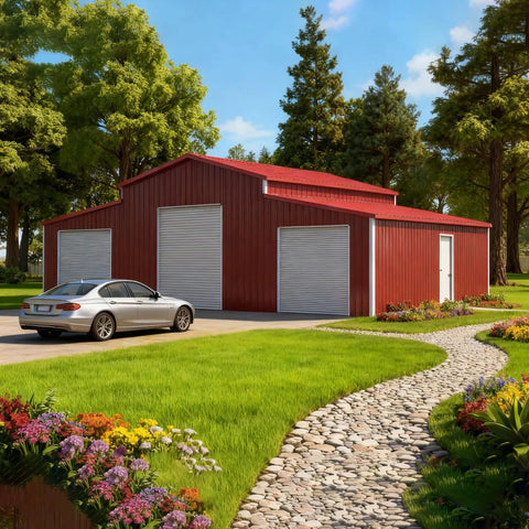 Heavy Duty Metal Garage Crafted From 14 Gauge Galvanized Steel And Three Rolling Barn Doors To Stack Your Wheels And Farm Gear While Crushing Rain Featuring Reinforced Frame Side Entrance And Rock Solid 13 Foot Outdoor Shelter Cover with silver car and landscaped path.