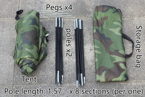 Camouflage Solo Camping Tent for Hiking Lightweight One Person Tent with Easy Setup poles, pegs, and carry bag shown