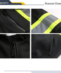 Close-up of Hi-Vis Safety Zip-Up Hoodie Sweatshirt with reflective strips and zippers, showing Class 3 PPE features.
