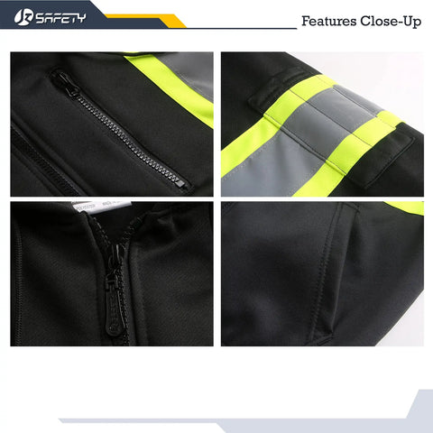 Close-up of Hi-Vis Safety Zip-Up Hoodie Sweatshirt with reflective strips and zippers, showing Class 3 PPE features.