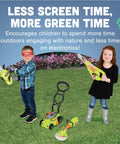 Two children playing with Six Piece Power Gardening Toy Set For Kids Ages 3 And Up Featuring A Child Safe Leaf Blower Chainsaw Lawn Mower Weed Trimmer on grass.