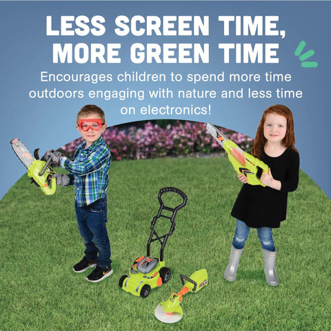 Two children playing with Six Piece Power Gardening Toy Set For Kids Ages 3 And Up Featuring A Child Safe Leaf Blower Chainsaw Lawn Mower Weed Trimmer on grass.