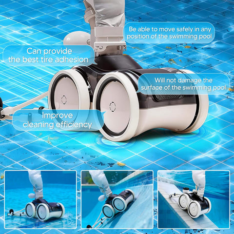 Upgraded Rubber Tire With Treads Replacement For Pentair Legend Pool Cleaner Wheel Rubber Tire Set For Automatic Pool And Spa Cleaner LL105 LL505G LL505GG 360007 LLC1 4 Pack installed in pool cleaner, multiple views on pool surface.