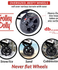 Close-up view of the Trolley Dolly Foldable Shopping Cart With Oversize All Terrain Wheels on snow, sand, and cobblestone.
