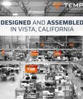 Factory floor with signage "Designed and Assembled in Vista, California," showcasing cable assembly and TDR stations.