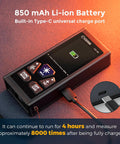 Professional Grade Rechargeable Dual Laser Distance Meter 393 Ft Range showing 850 mAh battery and Type-C charging port.