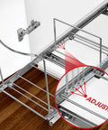 Heavy Duty Adjustable Cabinet Pullout Organizer, detailed view of adjustable galvanized wire frame mechanism and sliding tracks.