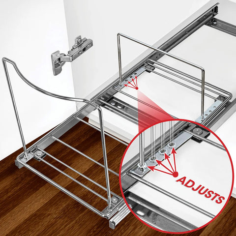 Heavy Duty Adjustable Cabinet Pullout Organizer, detailed view of adjustable galvanized wire frame mechanism and sliding tracks.
