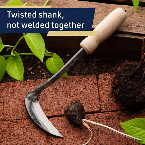 Nejiri Kama Weeding Sickle Tool With Razor Sharp 4 Inch Drop Forged Blade for Quick Weed Removal on brick surface