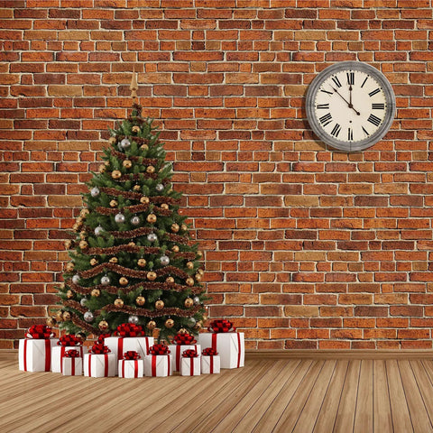 Brick Wallpaper Peel And Stick Set 4.5x9 Feet Removable Tablecloth Backdrop in a room with a Christmas tree and clock