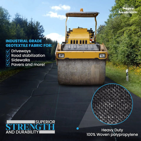 Heavy Duty Geotextile Fabric For Driveway Stabilization And Rock Solid Road Base Reinforcement Woven Polypropylene under a roller on road.