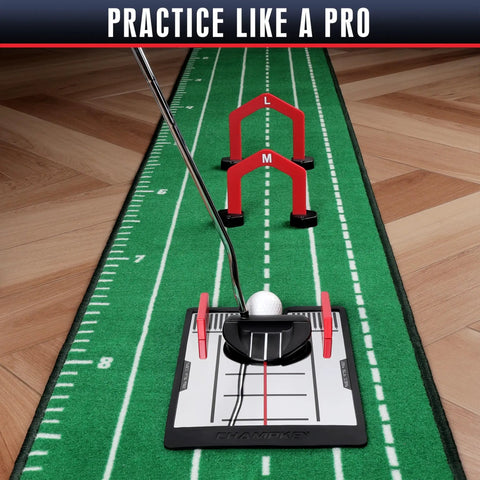 Magnetic Putting Mirror With Golf Gates Training Aid demonstrating alignment and swing plane feedback on practice green mat.