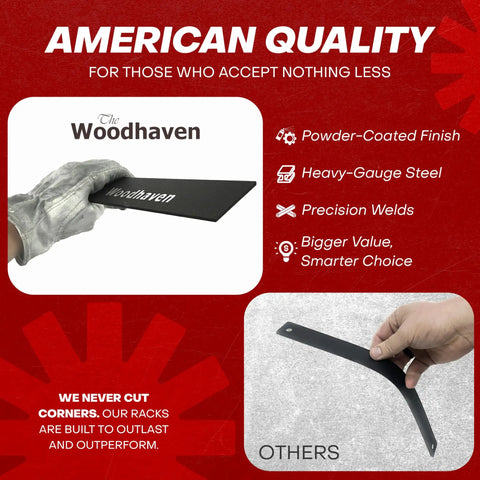 Comparison of heavy-duty steel parts for firewood racks; highlighting powder-coated finish and precise welds on left piece.