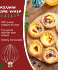 3-Piece Tilt-Head Stand Mixer Attachments Set for Kitchen Mixers Featuring K5AB Coated Flat Beater K5ADH Dough Hook and K5AWW Wire Whip Built Tough for Quick Easy Mixing and Batter Perfection by MIFLUS image of baked pastries and wire whip