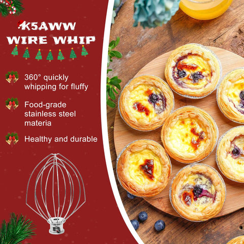 3-Piece Tilt-Head Stand Mixer Attachments Set for Kitchen Mixers Featuring K5AB Coated Flat Beater K5ADH Dough Hook and K5AWW Wire Whip Built Tough for Quick Easy Mixing and Batter Perfection by MIFLUS image of baked pastries and wire whip