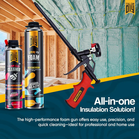 Hardcore Expanding Foam Insulation Kit Slams Shut Wall And Attic Cracks Blocks Pesky Drafts, includes foam gun and cleaner.
