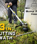 Cordless Weed Trimmer And Edger With 21V Power 13 Inch Cutting Swath Brushless Motor in action, close-up on edge of grass.
