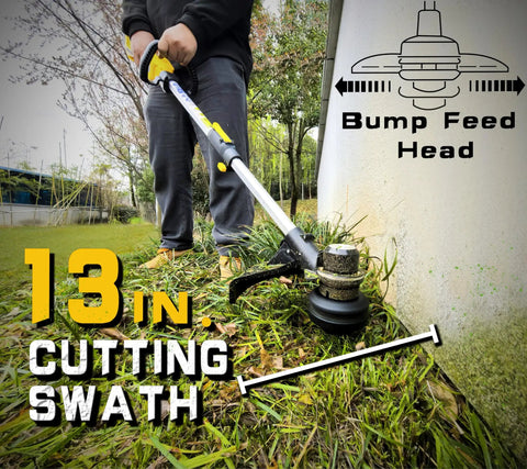 Cordless Weed Trimmer And Edger With 21V Power 13 Inch Cutting Swath Brushless Motor in action, close-up on edge of grass.