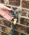 Hand adjusting Outdoor Faucet Handle Replacement Round Wheel Spigot For Hose Bibb Leaky Outdoor Faucets Includes Screws Metal Silver Pewter 1.25 Inch Long 3.75 Inch Wide on brick wall.