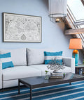 Modern living room with beige sofa, blue accents, wooden coffee table, and large windows, featuring elegant decor elements.