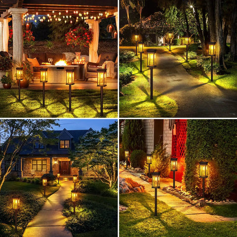 8 Pack Solar Pathway Lights Outdoor 2X Bigger Bright Waterproof Garden Lights illuminating various outdoor settings at night