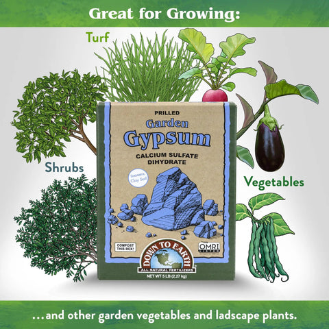 Front view of a 5 lb bag labeled Garden Gypsum Calcium Sulfate for turf, shrubs, vegetables and landscape plants.