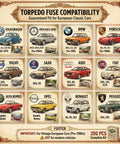200 Pcs Torpedo Fuse Kit For Vintage European Cars And Motorcycles 5A To 40A Fit Guide for VW, Mercedes, BMW, Porsche