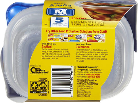 Packaging of Medium Rectangle Food Storage Containers With Lids, BPA Free Plastic, 24 Oz Each, 5 Count