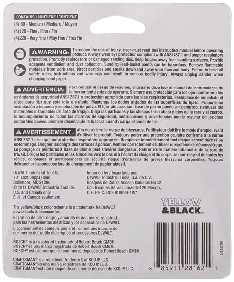 Back view of Sandpaper Assortment Kit With Hook And Loop Triangle Pads 12 Pack packaging showing safety warnings and brand information.