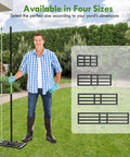 Man holding Heavy Duty Lawn Leveling Rake With Six Point Five Foot Steel Handle 17 By 10 Inch Leveling Tool, size chart visible